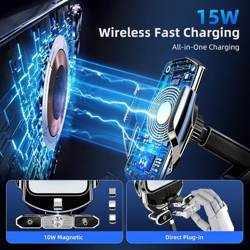 Car Phone Holder,Car Mount Charger,15W Wireless Charging & 10W Magnetic Charging(3 Connectors),Auto-Clamping Hands Free,Suction Cup Mount for Windshield,Mirror & Screen,Car Accessories & Gift in Saudi Arabia