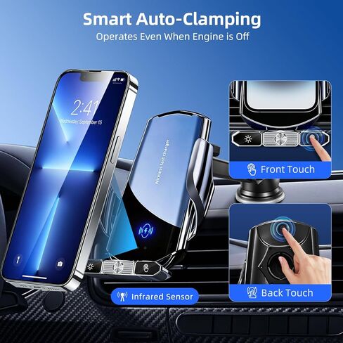 Car Phone Holder,Car Mount Charger,15W Wireless Charging & 10W Magnetic Charging(3 Connectors),Auto-Clamping Hands Free,Suction Cup Mount for Windshield,Mirror & Screen,Car Accessories & Gift in Saudi Arabia