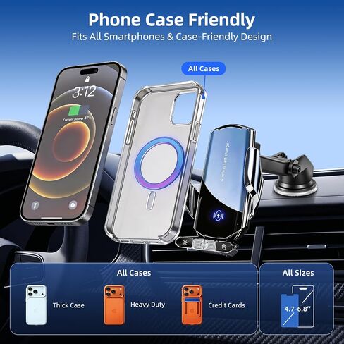 Car Phone Holder,Car Mount Charger,15W Wireless Charging & 10W Magnetic Charging(3 Connectors),Auto-Clamping Hands Free,Suction Cup Mount for Windshield,Mirror & Screen,Car Accessories & Gift in Saudi Arabia