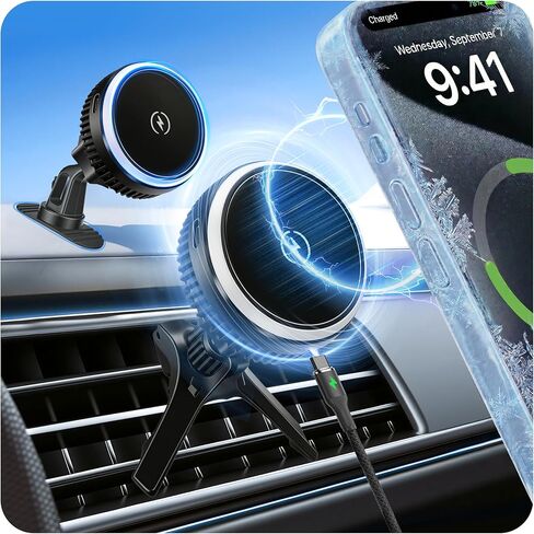 Car Phone Holder,Car Mount Charger,15W Wireless Charging & 10W Magnetic Charging(3 Connectors),Auto-Clamping Hands Free,Suction Cup Mount for Windshield,Mirror & Screen,Car Accessories & Gift in Saudi Arabia