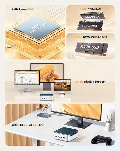Mini PC AMD Ryzen 5300U, 16GB DDR4 512GB NVMe SSD, Triple 4K HDMI/DP/Type-C, WiFi 6 BT5.3, Dual 2.5G LAN, Expandable to 64GB/4TB, Small Desktop Computer Micro PC for Office, Home, Media in Saudi Arabia
