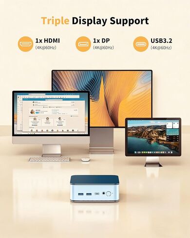 Mini PC AMD Ryzen 5300U, 16GB DDR4 512GB NVMe SSD, Triple 4K HDMI/DP/Type-C, WiFi 6 BT5.3, Dual 2.5G LAN, Expandable to 64GB/4TB, Small Desktop Computer Micro PC for Office, Home, Media in Saudi Arabia