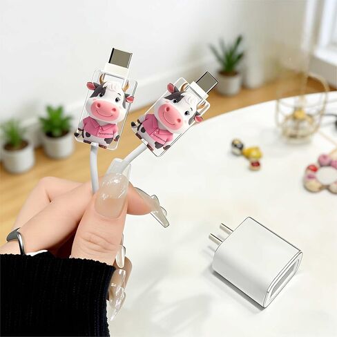 2pcs Acrylic Cute Cartoon Cow Cable Protector, Type-C Compatible, Anti-Break Data Cable Cover, Beautiful and Durable Charging Cable Protective Case, Perfectly Ideal in Saudi Arabia