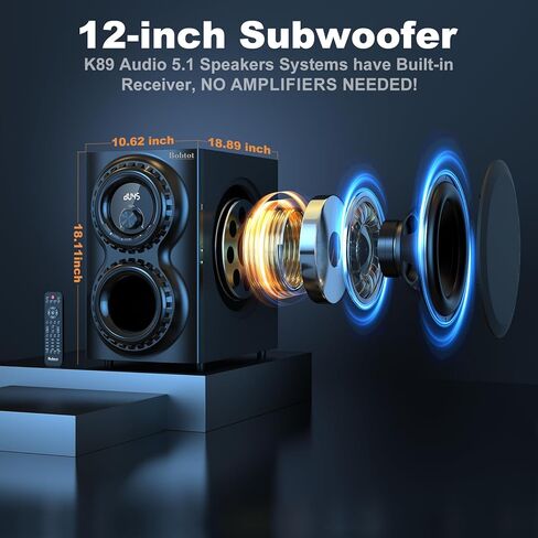 Bobtot Surround Sound Systems for TV - 1400 Watts Peak Power 12" Subwoofer Strong Bass 5.1 Wired Home Theater System Loud Stereo Audio Speaker with ARC Optical Bluetooth Input in Saudi Arabia