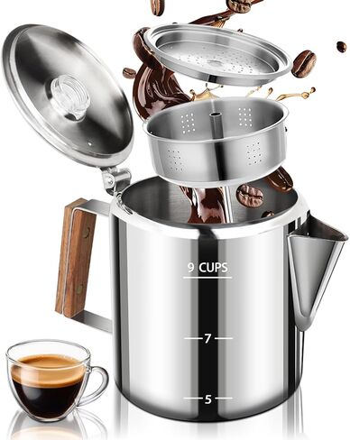 Coffee Maker Coffee Percolator 304 Stainless Steel Pot Stovetop Easy Brewing Even Heating 6 Cup 33.8oz 1000ml Silver Classic Design Heat Resistant Home Camping Outdoor in Saudi Arabia