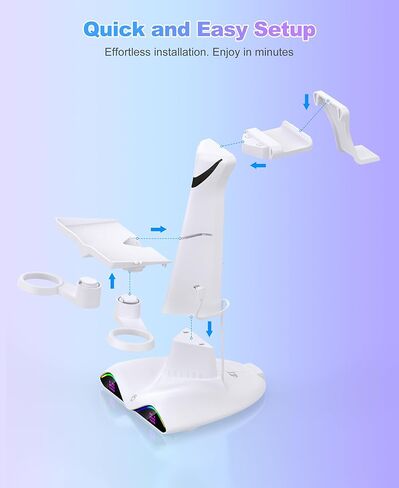 قاعدة شحن وحامل سماعة رأس لجهاز Meta Quest 3/3s/2، محطة شحن سريعة مع 4 بطاريات قابلة لإعادة الشحن لوحدة التحكم، تخزين الكل في واحد مع 7 إضاءة، سماعات رأس متوافقة مع PlayStation 4 VR in Kuwait