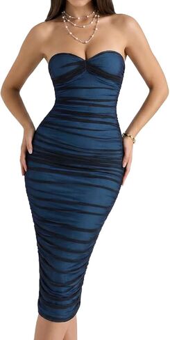 فستان LAGSHIAN النسائي المثير بدون حمالات Bodycon Club بدون أكمام شبكي مكشكش لحفلات الكوكتيل فساتين متوسطة الطول in Kuwait
