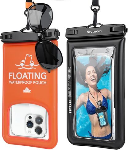 Niveaya 2 Pack جراب هاتف عائم مقاوم للماء، IP68 جراب هاتف مقاوم للماء مع حبل لهاتف iPhone 17 16 15 Pro Max، شاشة تعمل باللمس والتصوير الفوتوغرافي، حقيبة الهاتف المحمول الجافة أساسيات رحلة الشاطئ (حتى 8.5 بوصة) in Kuwait