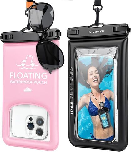 Niveaya 2 Pack جراب هاتف عائم مقاوم للماء، IP68 جراب هاتف مقاوم للماء مع حبل لهاتف iPhone 17 16 15 Pro Max، شاشة تعمل باللمس والتصوير الفوتوغرافي، حقيبة الهاتف المحمول الجافة أساسيات رحلة الشاطئ (حتى 8.5 بوصة) in Kuwait