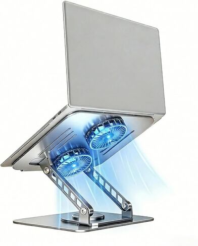 Laptop Stand with Cooling Fan, 360° Rotating Base Aluminum Laptop Riser, Foldable Ergonomic Computer Stand for Desk, Height Adjustable Notebook & All Laptops Up to 17.3" (Silver) in Saudi Arabia