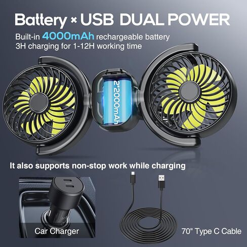 Dealswin مروحة سيارة قابلة لإعادة الشحن للأطفال في المقعد الخلفي، بطارية ومراوح USB مزدوجة الطاقة للسيارة، تحكم مستقل 360 درجة قابلة للتعديل برأس مزدوج لمروحة مقعد السيارة ومسند الرأس ومروحة تبريد لسيارة سيدان SUV RV in Kuwait