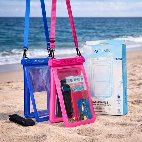 حافظة هاتف مقاومة للماء من AQUAVAULT - حقيبة عائمة ممتازة مع حجرتين مزدوجتين للهاتف والأشياء الثمينة - حزام يد + حبل قصير - مقاس عالمي - عبوتان (أزرق ووردي) in Saudi Arabia