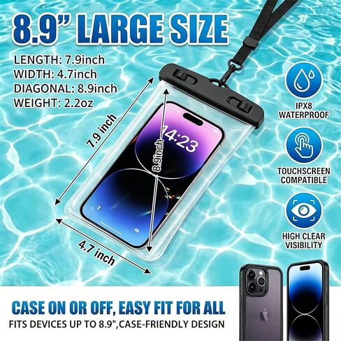 IPX8 Waterproof Phone Pouch, Underwater Phone Case with Lanyard, Water Proof Phone Bag for Snorkeling, Universal Outdoor Phone Protector Pouch for iPhone, Samsung, and More, Fits Up to 8.9", Black in Saudi Arabia