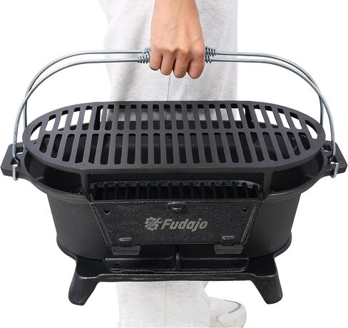 Portable Cast Iron Hibachi Grill - Tabletop Charcoal Grill for Camping, Tailgating & Patio | Oval Design with Cooking Grate | Compact BBQ Stove (15.5") in Saudi Arabia