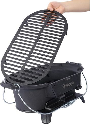 Portable Cast Iron Hibachi Grill - Tabletop Charcoal Grill for Camping, Tailgating & Patio | Oval Design with Cooking Grate | Compact BBQ Stove (15.5") in Saudi Arabia