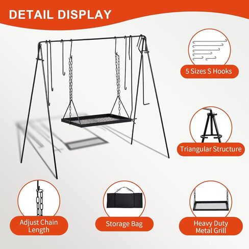 Outvita Grill Swing Campfire Grill Stand with Iron Grill Grate, Campfire Cooking Rack with Hooks and Carry Bag, Portable Cookware Hanging Rack Outdoor Camping Bonfire for Cookware & Dutch Oven in Saudi Arabia