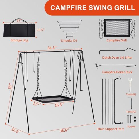 Outvita Grill Swing Campfire Grill Stand with Iron Grill Grate, Campfire Cooking Rack with Hooks and Carry Bag, Portable Cookware Hanging Rack Outdoor Camping Bonfire for Cookware & Dutch Oven in Saudi Arabia
