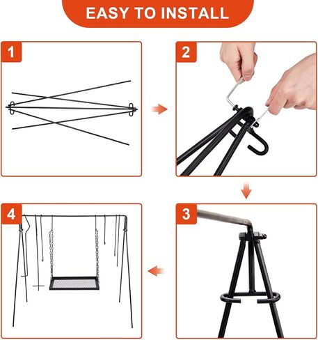 Outvita Grill Swing Campfire Grill Stand with Iron Grill Grate, Campfire Cooking Rack with Hooks and Carry Bag, Portable Cookware Hanging Rack Outdoor Camping Bonfire for Cookware & Dutch Oven in Saudi Arabia