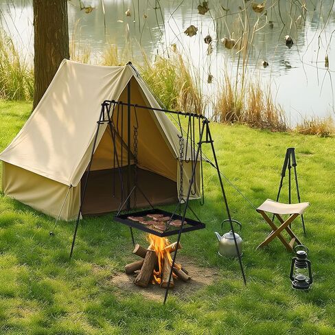 Outvita Grill Swing Campfire Grill Stand with Iron Grill Grate, Campfire Cooking Rack with Hooks and Carry Bag, Portable Cookware Hanging Rack Outdoor Camping Bonfire for Cookware & Dutch Oven in Saudi Arabia