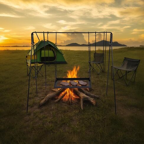 Outvita Grill Swing Campfire Grill Stand with Iron Grill Grate, Campfire Cooking Rack with Hooks and Carry Bag, Portable Cookware Hanging Rack Outdoor Camping Bonfire for Cookware & Dutch Oven in Saudi Arabia