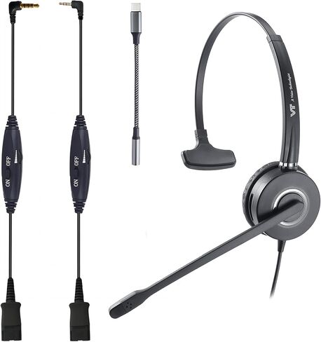 سماعة رأس QD مع مقبس 3.5 مم ومحول USB-C للكمبيوتر الشخصي والهاتف المحمول والكمبيوتر اللوحي ومقبس 2.5 مم متوافق مع هواتف Panasonic-Cisco-AT&T-Grandstream IP وما إلى ذلك مع كتم الصوت والتحكم في مستوى الصوت in Kuwait