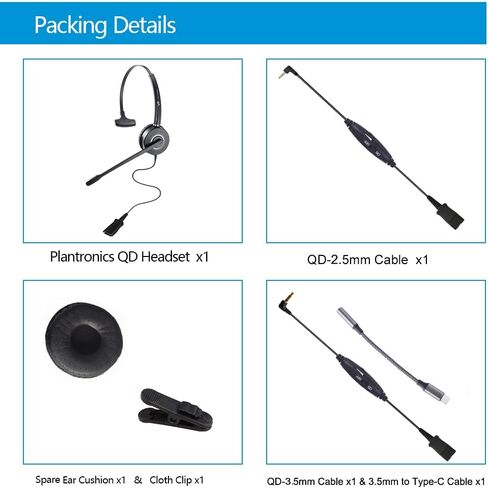 سماعة رأس QD مع مقبس 3.5 مم ومحول USB-C للكمبيوتر الشخصي والهاتف المحمول والكمبيوتر اللوحي ومقبس 2.5 مم متوافق مع هواتف Panasonic-Cisco-AT&T-Grandstream IP وما إلى ذلك مع كتم الصوت والتحكم في مستوى الصوت in Kuwait
