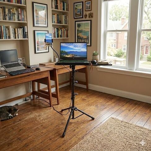 Adjustable Laptop Stand Tripod with Phone Mount – Portable Alloy Laptop Holder,Large Tray, Lightweight, for Office, DJ, Projector & Presentations – Black in Saudi Arabia