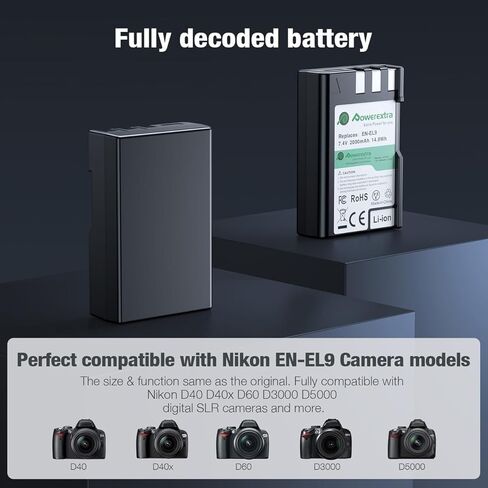 بطارية EN-EL9 قطعتان وشاحن USB بديل لبطاريات الكاميرا متوافق مع كاميرا Nikon EN-EL9 EN-EL9a EN-EL9e D40 D40X D60 D3000 D5000 SLR in Kuwait