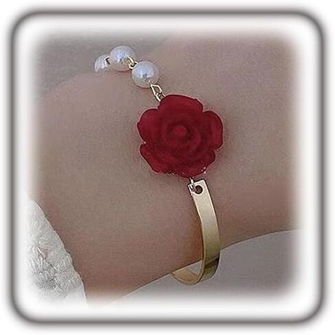 Gold Pearl Butterfly Red Rose Beaded Bracelet Chain Bangle,Women's White Flower Floral Bracelet Chain Bangle Wrap Cuff for Trendy Jewelry Accessories in Saudi Arabia