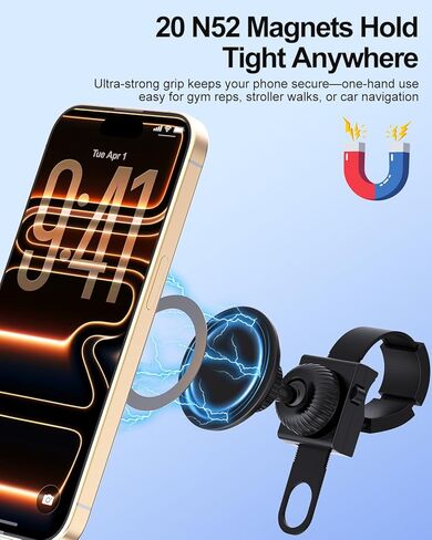 حامل هاتف مغناطيسي من Vitog Gym لـ MagSafe، مغناطيس 20X N52، مغناطيس قوي ثابت وآمن للهاتف مع حزام قابل للتعديل، مشبك تثبيت للهاتف لدراجة Peloton، معدات الصالة الرياضية، عربة الأطفال، جهاز المشي in Kuwait