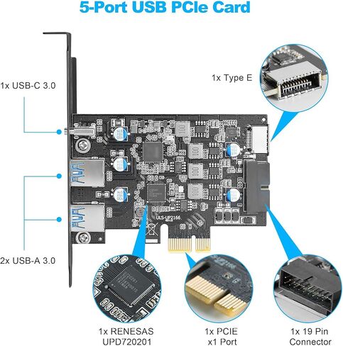 بطاقة توسيع USB 3.0 PCIe، 5 منافذ (2X USB-A + 1x USB-C + Type-E + رأس 19 سنًا) بطاقة PCI Express مع دعم UASP، التوصيل والتشغيل لنظام التشغيل Windows 11/10/8/Linux، تتضمن دعامة منخفضة المستوى in Kuwait
