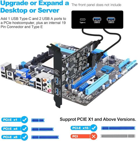 بطاقة توسيع USB 3.0 PCIe، 5 منافذ (2X USB-A + 1x USB-C + Type-E + رأس 19 سنًا) بطاقة PCI Express مع دعم UASP، التوصيل والتشغيل لنظام التشغيل Windows 11/10/8/Linux، تتضمن دعامة منخفضة المستوى in Kuwait