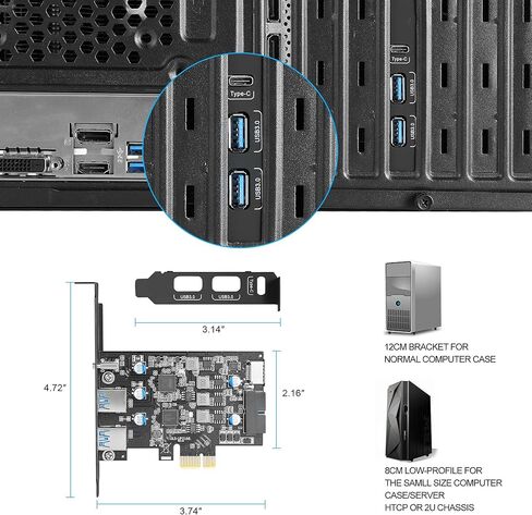 بطاقة توسيع USB 3.0 PCIe، 5 منافذ (2X USB-A + 1x USB-C + Type-E + رأس 19 سنًا) بطاقة PCI Express مع دعم UASP، التوصيل والتشغيل لنظام التشغيل Windows 11/10/8/Linux، تتضمن دعامة منخفضة المستوى in Kuwait