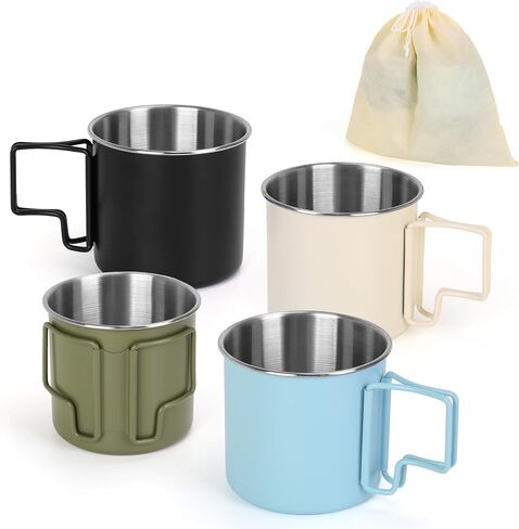 4 Pack Stainless Steel Camping Cups with Foldable Handle, 14.8oz Portable Cups for Coffee & Travel, Dishwasher Safe - Perfect for Picnic, Hiking, Office (4 Colors) in Kuwait