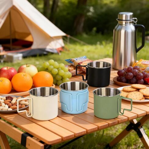 4 Pack Stainless Steel Camping Cups with Foldable Handle, 14.8oz Portable Cups for Coffee & Travel, Dishwasher Safe - Perfect for Picnic, Hiking, Office (4 Colors) in Kuwait