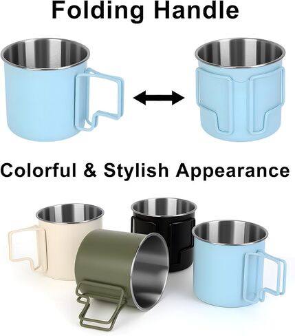 4 Pack Stainless Steel Camping Cups with Foldable Handle, 14.8oz Portable Cups for Coffee & Travel, Dishwasher Safe - Perfect for Picnic, Hiking, Office (4 Colors) in Kuwait