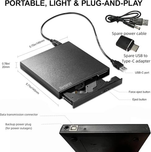 محرك أقراص DVD خارجي، محرك أقراص ضوئية محمول USB ونوع C، مشغل ناسخ أقراص CD/DVD +/-RW رفيع لأجهزة الكمبيوتر المحمول سطح المكتب MacBook Mac Windows Linux، التوصيل والتشغيل، أسود غير لامع (مربع أسود غير لامع) in Saudi Arabia