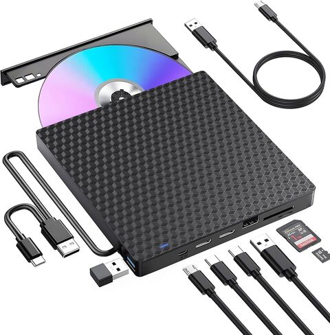 محرك أقراص DVD خارجي للكمبيوتر المحمول، محرك أقراص ضوئية USB 3.0، 4 منافذ USB وفتحتين لبطاقة TF/SD، محرك أقراص CD/DVD محمول، محرك أقراص DVD خارجي لأجهزة الكمبيوتر المحمول وأجهزة الكمبيوتر المكتبية Windows 11/10/8/7/XP Linux Mac OS in Kuwait