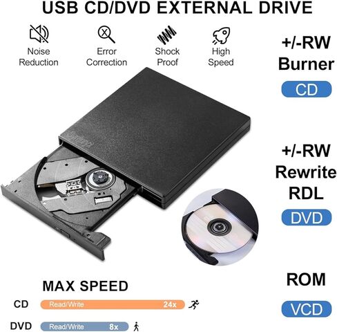 محرك أقراص DVD خارجي، محرك أقراص ضوئية محمول USB ونوع C، مشغل ناسخ أقراص CD/DVD +/-RW رفيع لأجهزة الكمبيوتر المحمول سطح المكتب MacBook Mac Windows Linux، التوصيل والتشغيل، أسود غير لامع (مربع أسود غير لامع) in Saudi Arabia