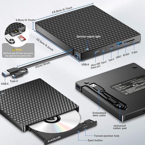محرك أقراص DVD خارجي للكمبيوتر المحمول، محرك أقراص ضوئية USB 3.0، 4 منافذ USB وفتحتين لبطاقة TF/SD، محرك أقراص CD/DVD محمول، محرك أقراص DVD خارجي لأجهزة الكمبيوتر المحمول وأجهزة الكمبيوتر المكتبية Windows 11/10/8/7/XP Linux Mac OS in Kuwait