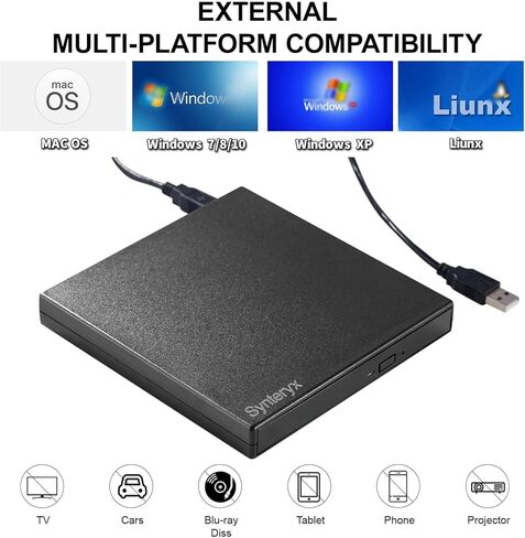 محرك أقراص DVD خارجي، محرك أقراص ضوئية محمول USB ونوع C، مشغل ناسخ أقراص CD/DVD +/-RW رفيع لأجهزة الكمبيوتر المحمول سطح المكتب MacBook Mac Windows Linux، التوصيل والتشغيل، أسود غير لامع (مربع أسود غير لامع) in Saudi Arabia