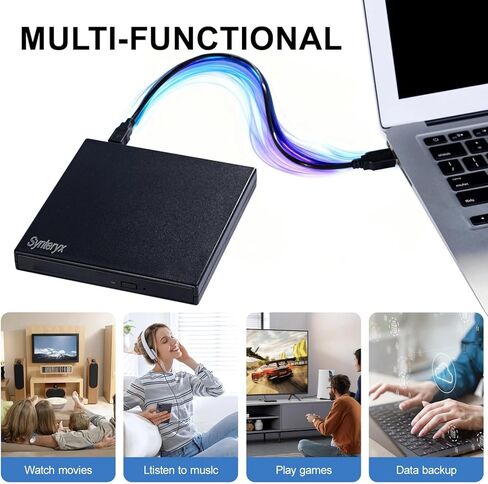 محرك أقراص DVD خارجي، محرك أقراص ضوئية محمول USB ونوع C، مشغل ناسخ أقراص CD/DVD +/-RW رفيع لأجهزة الكمبيوتر المحمول سطح المكتب MacBook Mac Windows Linux، التوصيل والتشغيل، أسود غير لامع (مربع أسود غير لامع) in Saudi Arabia