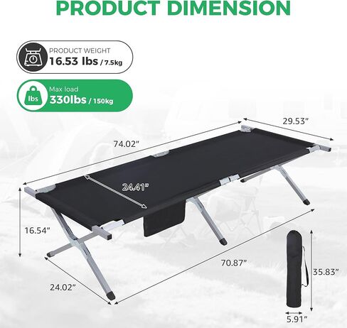 Portable Folding Camping Cot for Adults, Easy-to-Assemble Sleeping Cot for Travel, Hiking & Office Nap, Includes Storage Bag & Side Pocket, Support 330Lbs, Black in Saudi Arabia