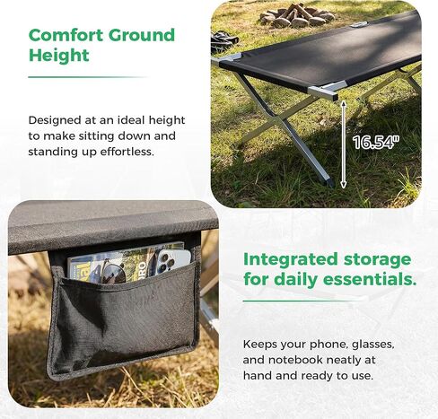 Portable Folding Camping Cot for Adults, Easy-to-Assemble Sleeping Cot for Travel, Hiking & Office Nap, Includes Storage Bag & Side Pocket, Support 330Lbs, Black in Saudi Arabia