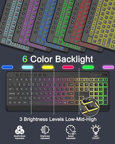 EDJO Wireless Keyboard and Mouse Combo, 10 Backlit Effects, Rechargeable 2.4GHz Silent Full-Size Light Up USB Keyboard with 6 Button RGB Mouse for Laptop, Computer, PC in Saudi Arabia