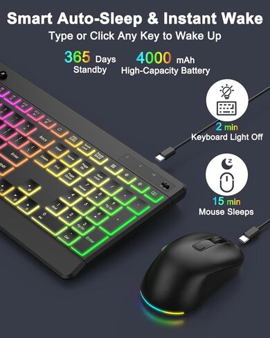 EDJO Wireless Keyboard and Mouse Combo, 10 Backlit Effects, Rechargeable 2.4GHz Silent Full-Size Light Up USB Keyboard with 6 Button RGB Mouse for Laptop, Computer, PC in Saudi Arabia