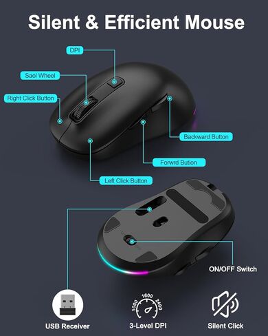 EDJO Wireless Keyboard and Mouse Combo, 10 Backlit Effects, Rechargeable 2.4GHz Silent Full-Size Light Up USB Keyboard with 6 Button RGB Mouse for Laptop, Computer, PC in Saudi Arabia