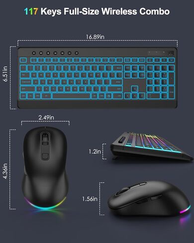 EDJO Wireless Keyboard and Mouse Combo, 10 Backlit Effects, Rechargeable 2.4GHz Silent Full-Size Light Up USB Keyboard with 6 Button RGB Mouse for Laptop, Computer, PC in Saudi Arabia