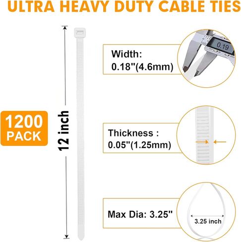 Zip Ties, RAZCC 1200pcs Cable Zip Ties 12 Inch, Heavy Duty White Plastic Wire Ties with 50lb Tensile Strength, Self-Locking Nylon Cable Ties, Wire Management for Indoor and Outdoor in Saudi Arabia