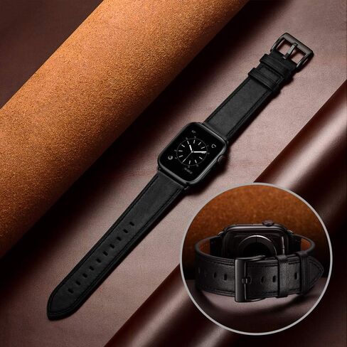 OUHENG Leather Bands Compatible with Apple Watch Band 49mm/46mm/45mm/44mm/42mm, Genuine Leather Strap Compatible with iWatch Ultra 3/2/1 & Series 11/10/9/8/7/6/5/4/3/2/1 & SE3 SE2 SE, Black/Black in Saudi Arabia